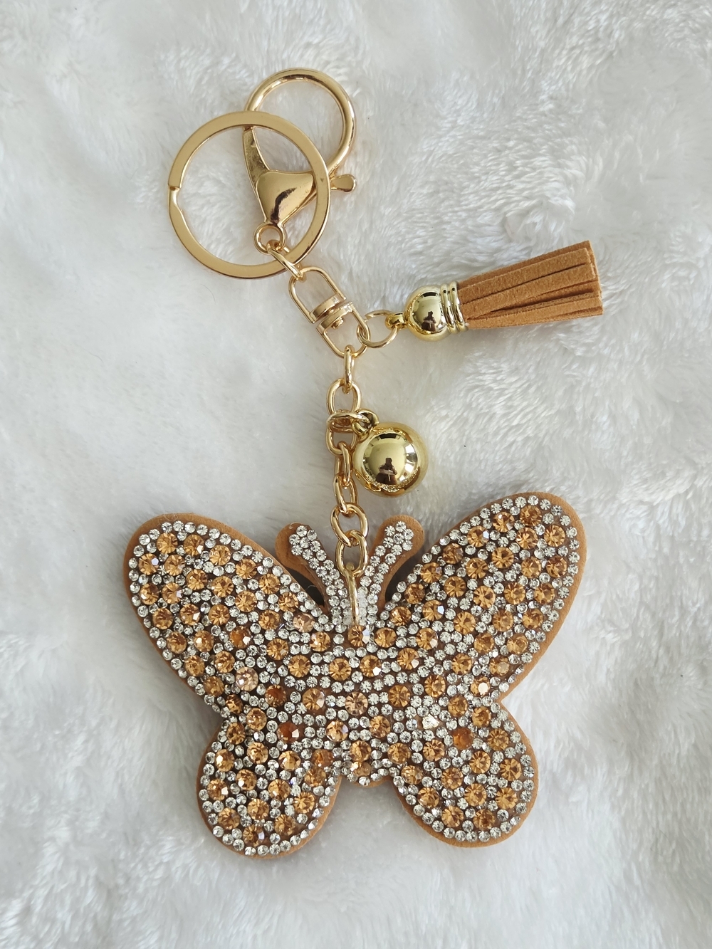 Gold Crystal Rhinestone Butterfly Keychain Tassel Bag Charm